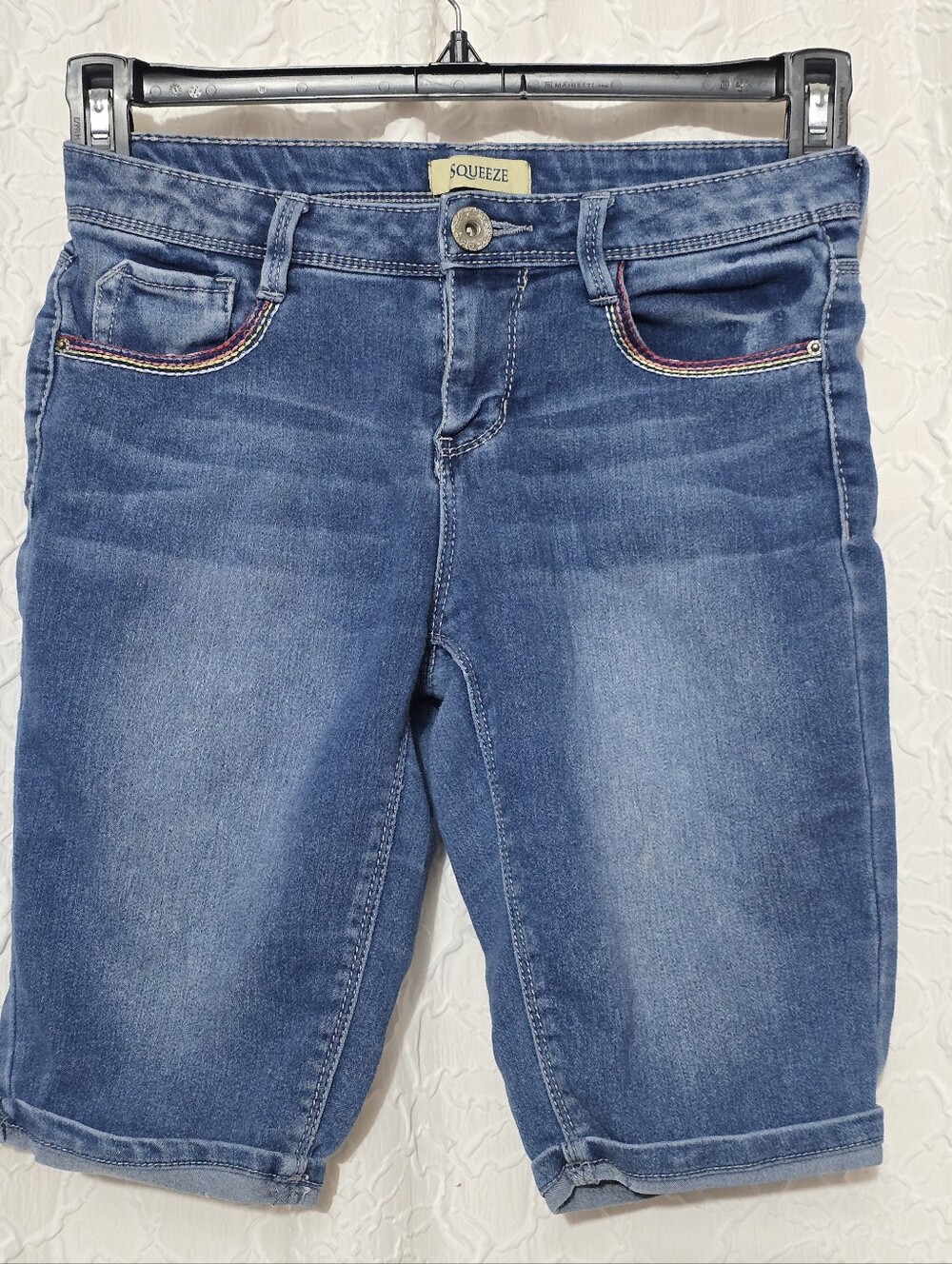 Squeeze denim shorts size 14 junior embroidered accent pockets Y2k style